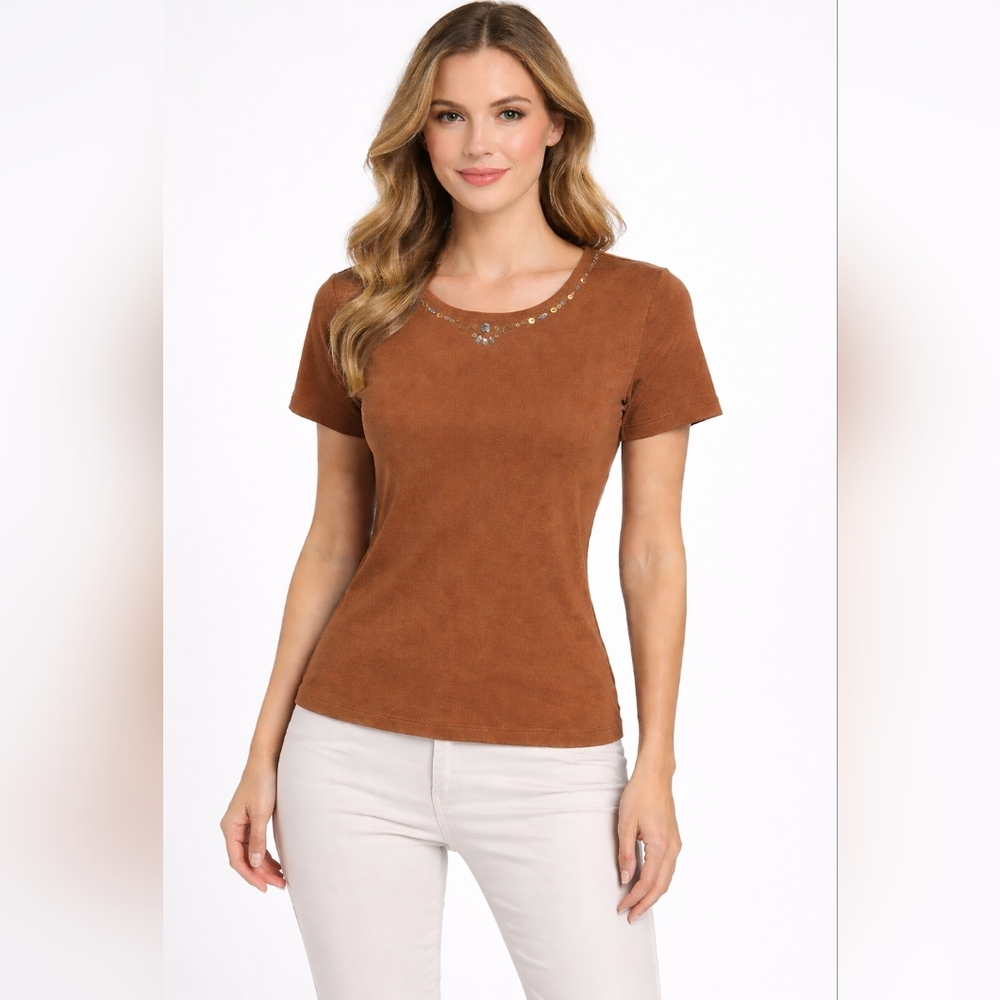 City Girl By Nancy Bolen Embellished Brown Short Sleeve Top  Sz.L #1913